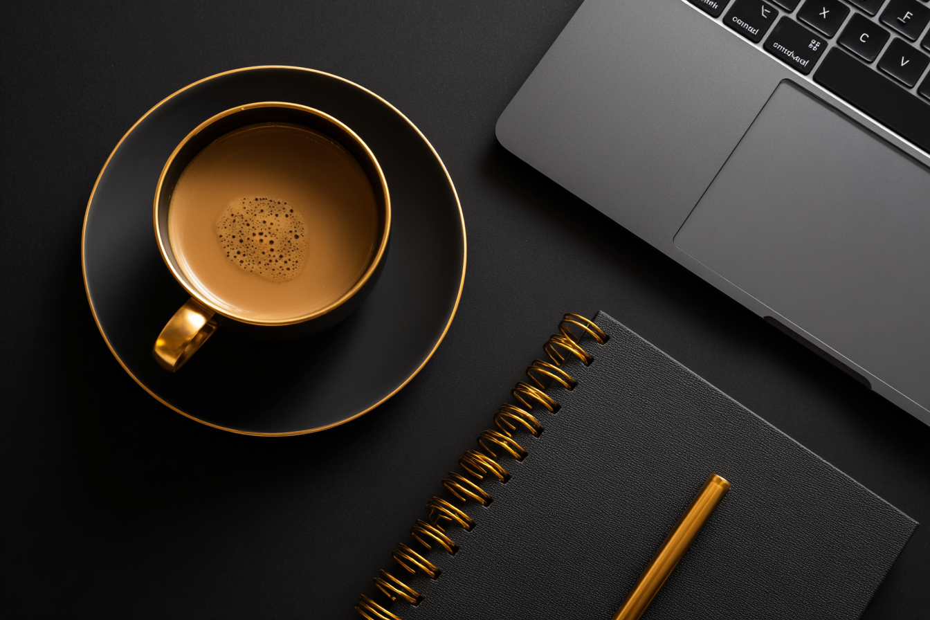 Notebook, coffee, and laptop ready for brand strategy work